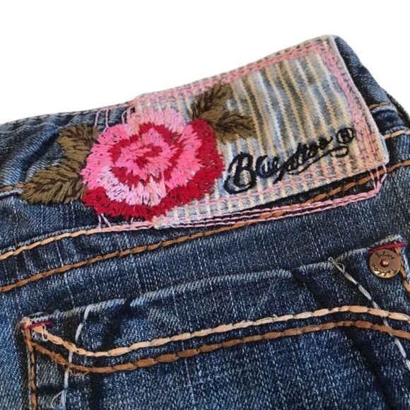 Blue Tattoo Denim Cut-Off Raw Hem Large Flower Brand Patch Shorts Sz 25 - Picture 3 of 12